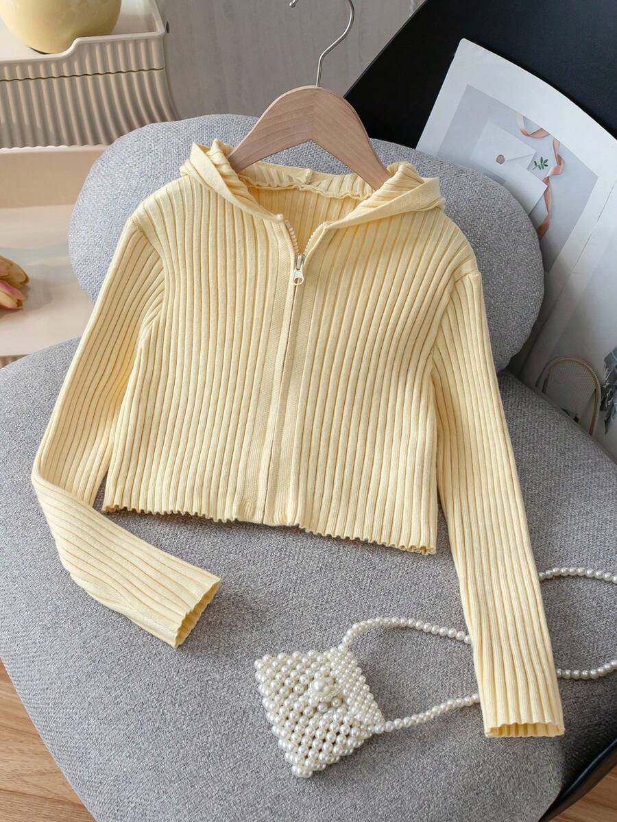 SHEIN Genkimix Kids 青少年女孩休閒百搭純色連帽開襟外套 秋季 - 黃色 - 查看 1