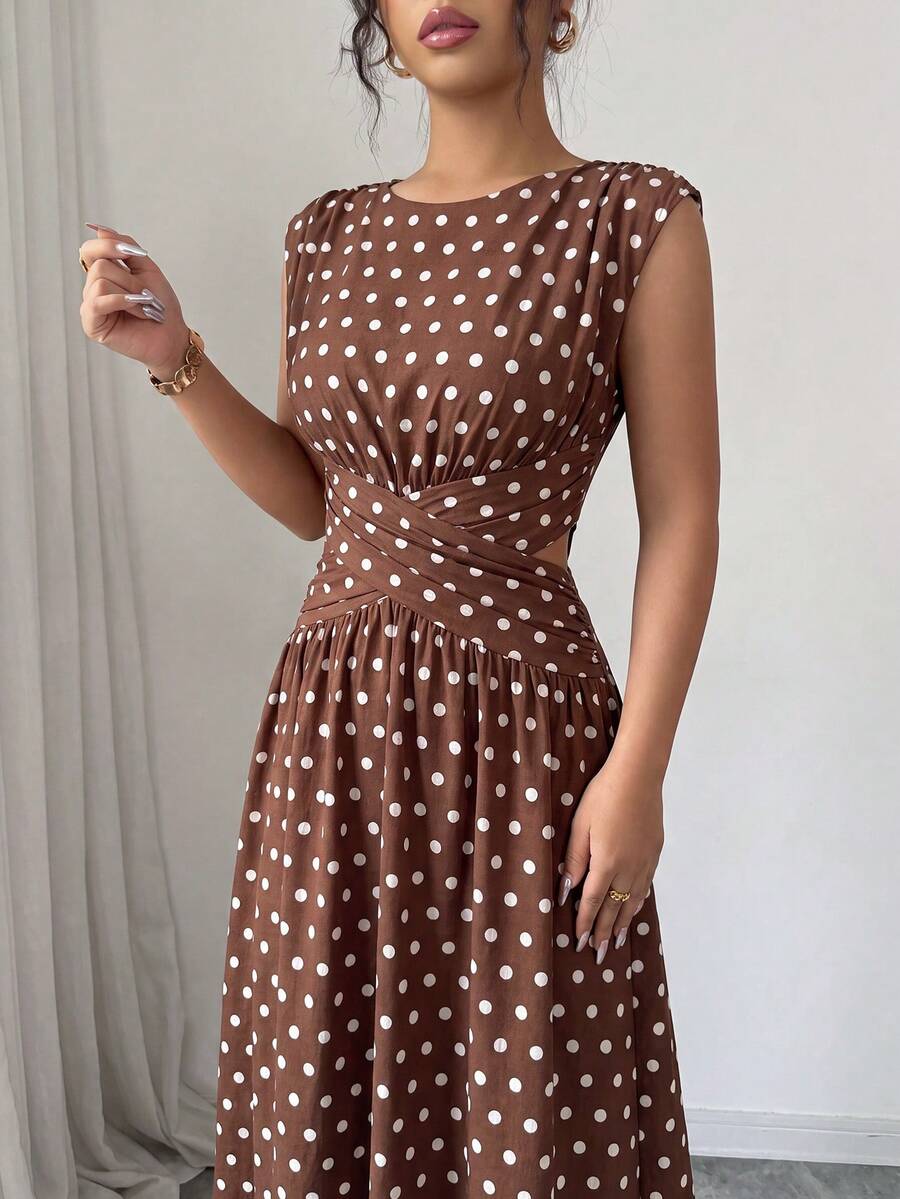 SHEIN Clasi 女款夏季優雅簡約圓領復古腰帶棕色與白色波點洋裝,適合辦公室、早午餐、茶會、海灘度假、音樂節 - 咖啡棕 - 查看 1