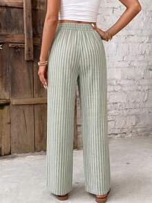 SHEIN Frenchy Women's Casual Striped Straight Leg Pants For Vacation Beach Green And White Autumn - Green - View 2