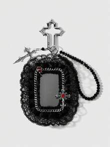 ROMWE Goth 1個Y2K哥德風黑紅配色手工串珠水晶水鑽蜘蛛愛心十字卡片不鏽鋼十字架鑰匙圈包包吊飾，女款 - 黑紅色-15 - 查看 13