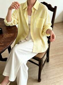Franclia Women's Loose Casual Cotton Blend Yellow & White Striped Shirt - Multicolor - View 5