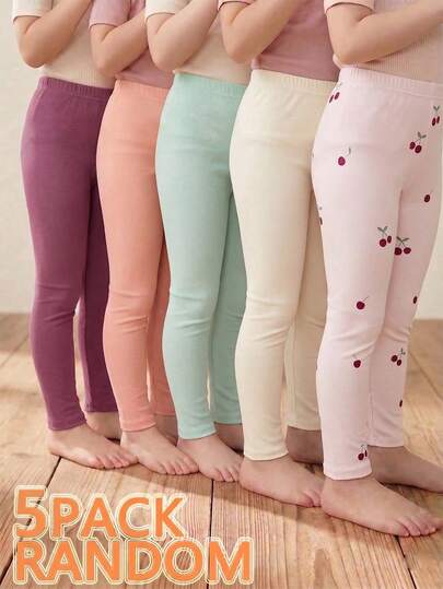 5 Pieces Girls' Knitted Comfortable Soft High Elasticity Leggings Purple & Blue & Pink & Apricot & All-Over Cherry Cute Pattern, Simple Fashion, Comfortable & Soft