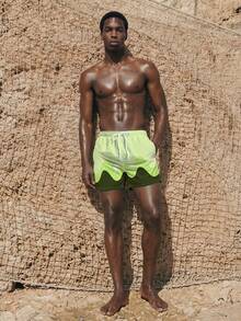 Palasendo Pantalones cortos casuales de playa con bloqueo de color y cordón en la cintura para hombres - Verde - Ver 3