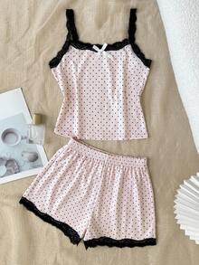 SHEIN Tween Girls Tween Girl Lace Patchwork Simple Fashion Polka Dot Versatile Comfortable Camisole & Shorts Set Loungewear - Pink - View 1