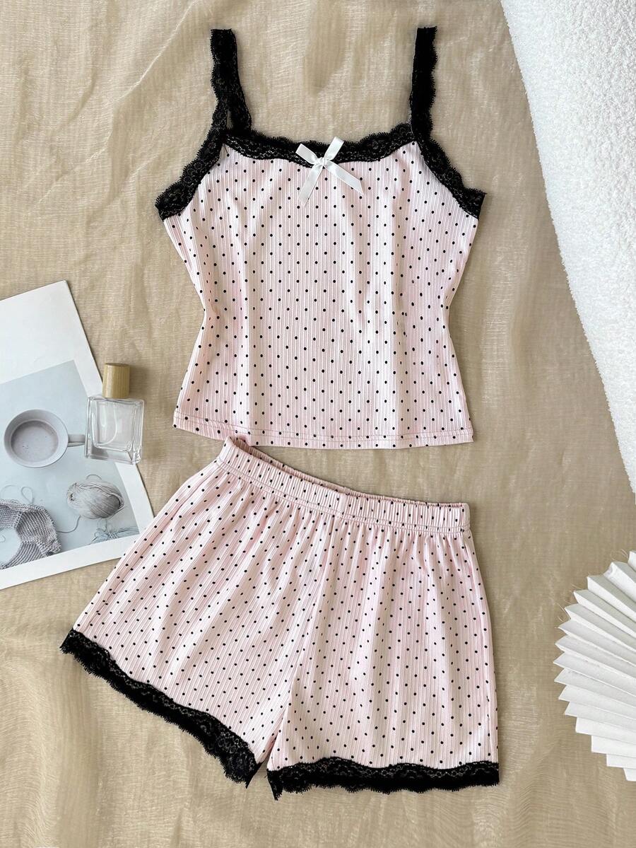 SHEIN Tween Girls Tween Girl Lace Patchwork Simple Fashion Polka Dot Versatile Comfortable Camisole & Shorts Set Loungewear - Pink - View 1