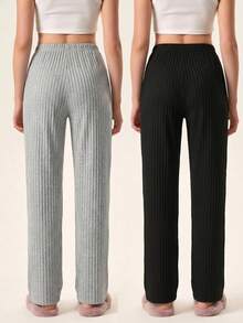 EURMUSE Women 100% Casual 2 Pcs Solid Grey And Black Rib Knit Sleep Lounge Pant Set - Multicolor - View 2