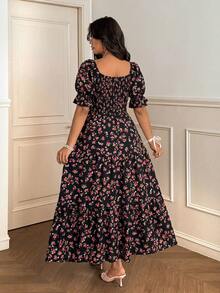 Vionelle Plus Size Spring/Summer Black Ditsy Floral Batwing Sleeve Dress Vacation Boho - Black - View 2