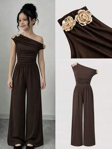 Tween Girls Solid Color Asymmetric Neck Sleeveless Wide Leg Jumpsuit Brown Back To School Style - Brown - View 1