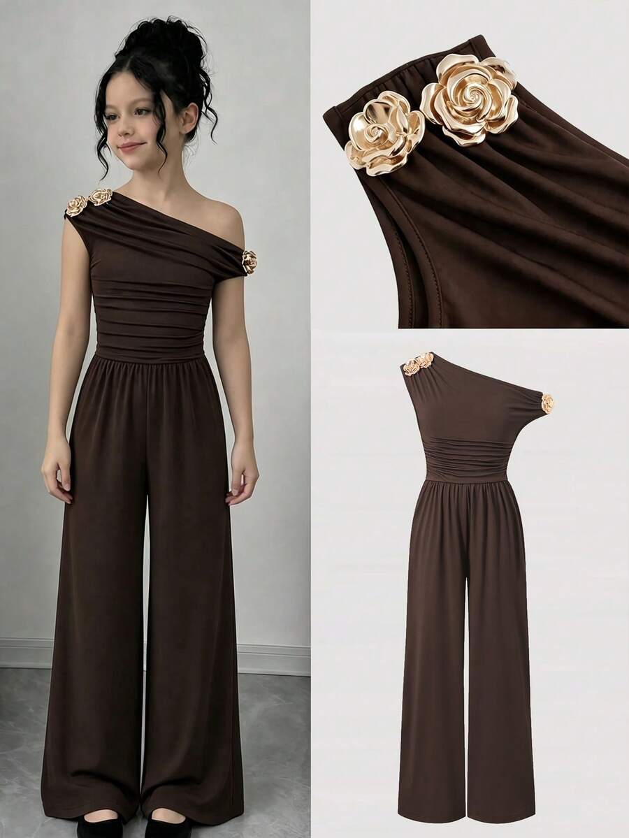 Tween Girls Solid Color Asymmetric Neck Sleeveless Wide Leg Jumpsuit Brown Back To School Style - Brown - View 1