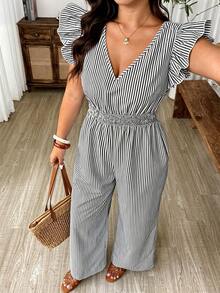Weeklong Plus Size Women's Fashion Casual Black And White V-Neck Flutter Sleeve Cinched Waist Wide Leg Jumpsuit, Suitable For Spring/Summer, Vacation, Holiday - Black and White - View 7