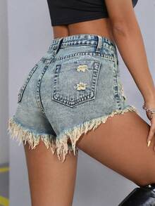 SHEIN PETITE Summer Casual Streetwear Washed Distressed Denim Shorts Vacation Light Blue - Light Wash - View 2