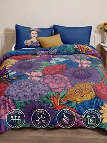 Frida Kahlo X SHEIN 3件組皇家藍花卉裝飾被套組，角色圖案，光滑、柔軟且保暖材質，多尺寸適用於單人床/雙人床/大床/特大床，禮物靈感，派對，節日，復古床上用品 - 寶蘭 - 查看 8