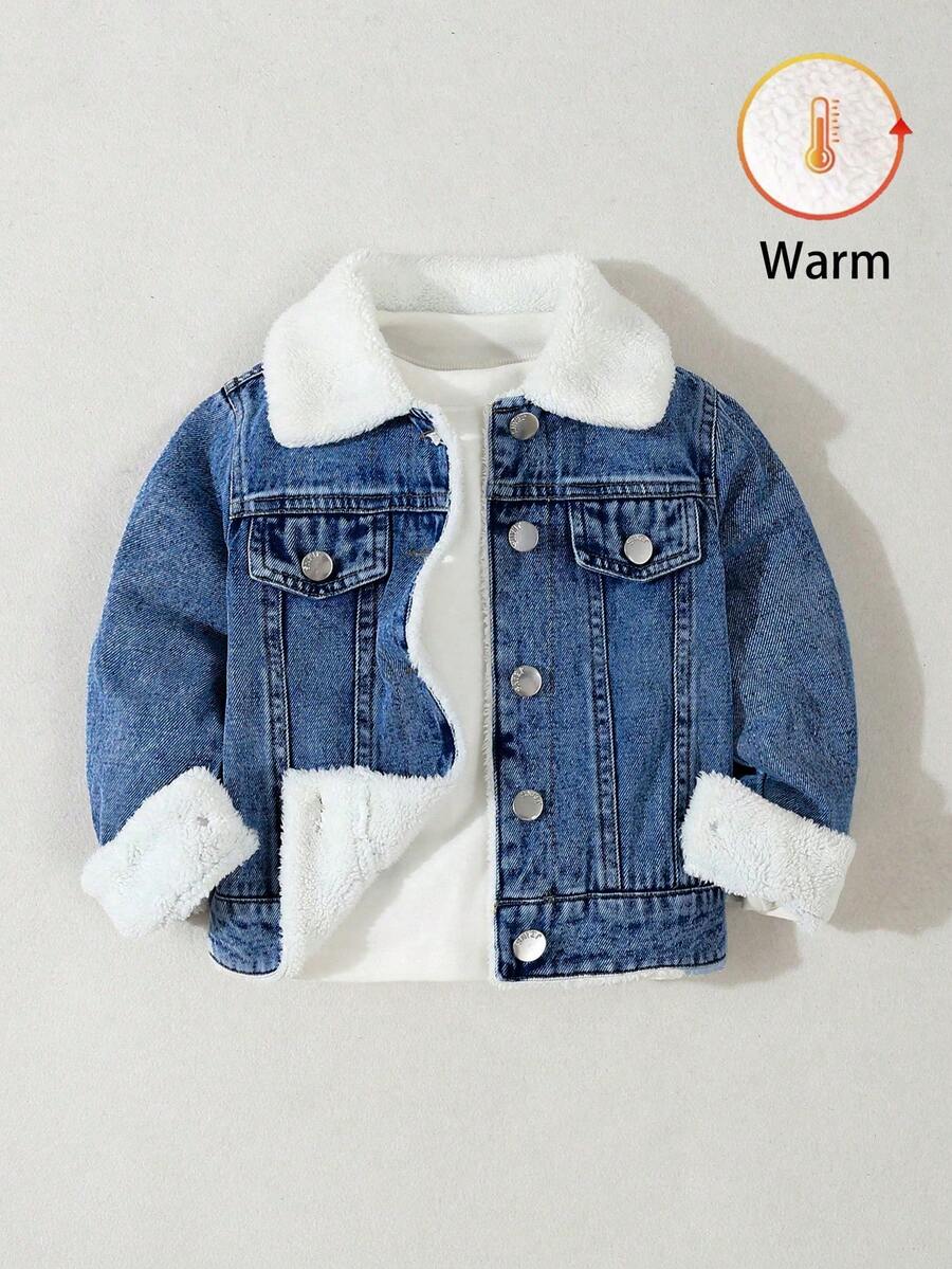 SHEIN 男童舒適休閒保暖內裡多功能無彈力牛仔夾克，秋冬款