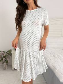 Moonlight&Mama Women's Casual Black Small Polka Dot Print Mid-Length Short Sleeve Maternity Nightgown - White - View 3