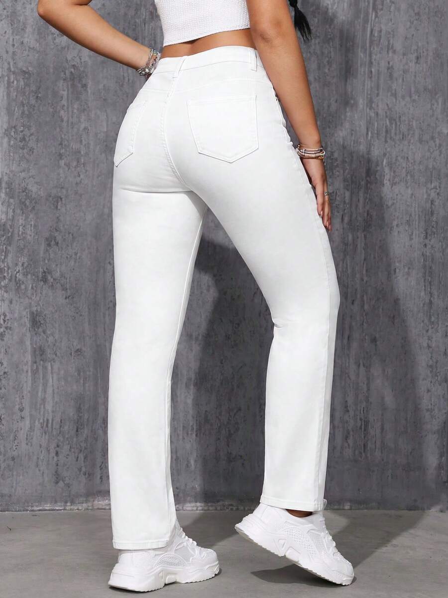 SHEIN ICON 女款休閒百搭喇叭褲牛仔褲,附口袋 - 白色 - 查看 1