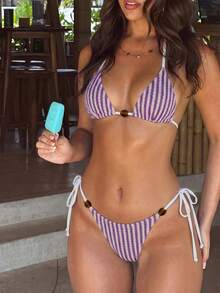 Swim Mod Ladies' Spring/Summer Beach Music Festival Knitted Jacquard Striped Bead Halter Sexy Fashion Elegant Bikini Set - Multicolor - View 2