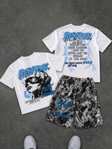 Coolqubz Teen Boys American Street Style Portrait & Letter Print White T-Shirt + Camouflage Letter Shorts 2-Piece Set, Casual Sports Outfit - Multicolor - View 3