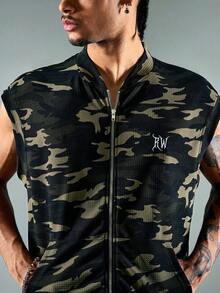 ROMWE MEN Street Life Men's Zipper Placket Letter Print Casual Camouflage Tank Top - Multicolor - View 2