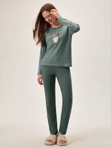 Loomlin Women 2 Pcs Rib Knit Cute Cartoon Embroidery Detail Homewear Comfort Pajama Set - Multicolor - View 3