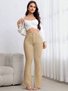 SHEIN ICON 休閒百搭修身喇叭牛仔褲 - 卡其色 - 查看 3