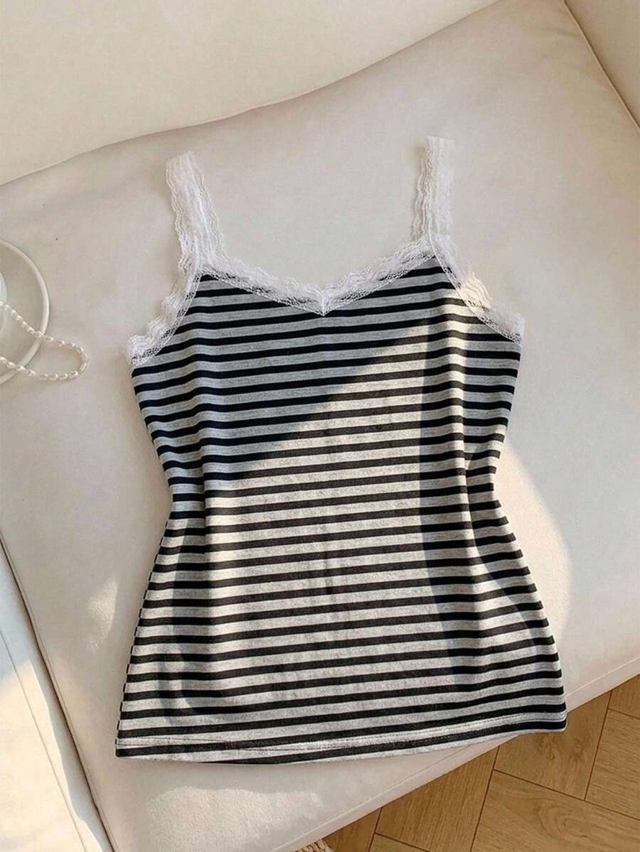 SHEIN Sparklyn 青少年女孩春夏時尚可愛舒適波浪圖案吊帶背心上衣附蝴蝶結,適合外出與聚會 - 彩色 - 查看 1