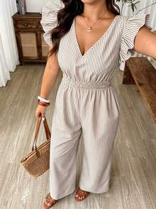 Weeklong 大尺碼女款時尚休閒通勤條紋V領荷葉袖收腰寬腿連身褲，適合春夏、返校、度假、畢業、節日、情人節、聖誕節、音樂節、母親節、萬聖節、感恩節、復活節、國慶日、派對、生日、約會、婚禮季、外出 - 咖啡棕 - 查看 6