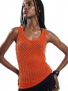 SHEIN Women's Solid Color Casual Versatile Daily Wear Knit Sleeveless Top - Orange - View 7