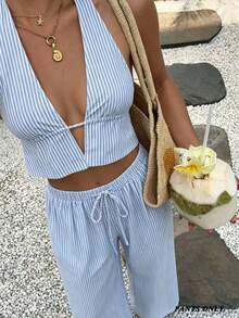 Swim Vcay 2026 New Cross-Border Model, 1 Piece, Blue And White Striped Elegant Vacation-Style Women's Swim Pants - Blue and White - View 9