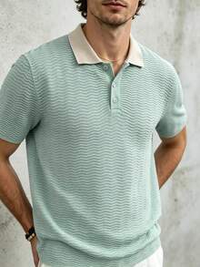 TONEVAULT Men's Fashion Textured Button Half-Placket Short Sleeve Knit Top Vacation Sage Green Autumn Casual - Light Grey - View 3