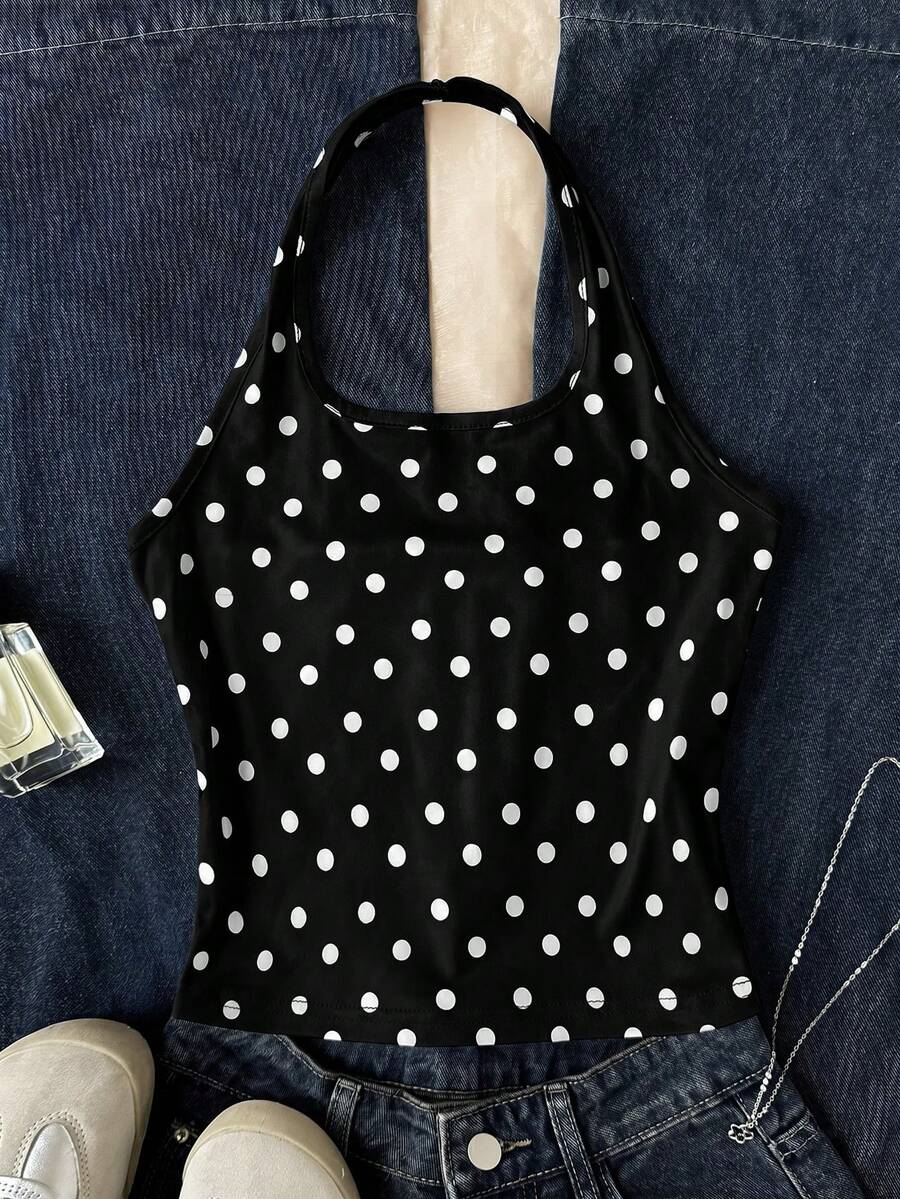 SHEIN Tween Girl Fashion Polka Dot Print Halter Tank Top - Black - View 1
