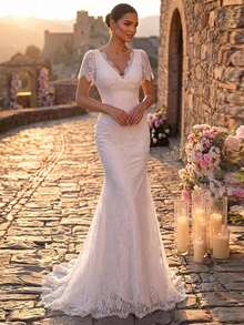 Glamrae Elegant Minimalist Lace Deep V-Neck Eyelash Trim Embroidered Sheer Short Sleeve Mermaid Floor-Length Bridal Gown For Wedding Party Formal White Spring - White - View 1