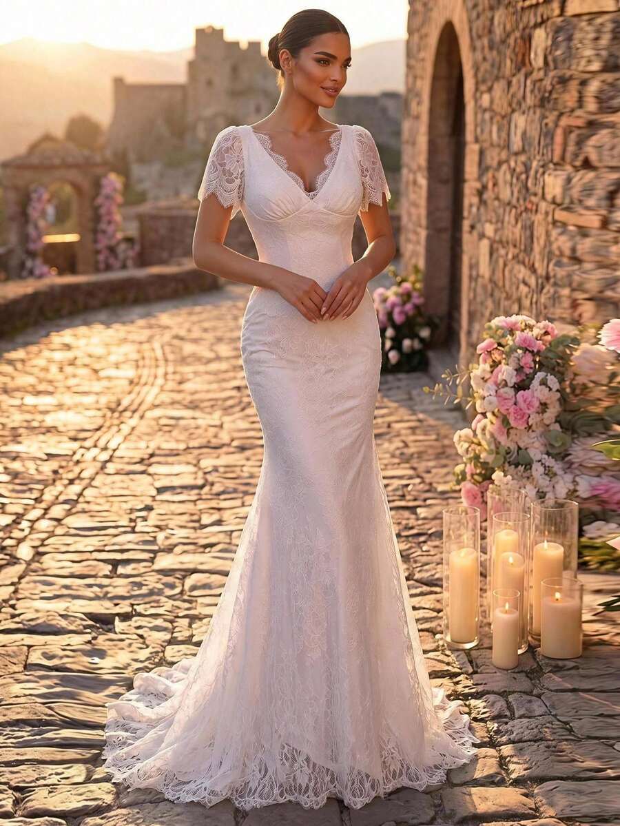 Glamrae Elegant Minimalist Lace Deep V-Neck Eyelash Trim Embroidered Sheer Short Sleeve Mermaid Floor-Length Bridal Gown For Wedding Party Formal White Spring - White - View 1