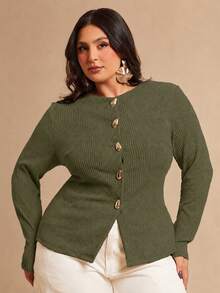 SHEIN BAE Plus Size Women's Casual Solid Color Front Button Top, Spring/Autumn - Army Green - View 5