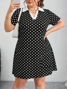 SHEIN CURVE+ 大尺碼拼色翻領短袖休閒1920年代風洋裝，度假款，2026秋冬 22W - 黑與白 - 查看 3