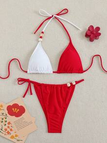 Swim SXY Women's Summer Beach Party Vacation Sexy Red And White Red Bikini Set, Solid Color Halter Neck Patchwork Top, Side Tie Bikini Bottom Set - Red and White - View 5