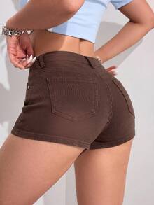 SHEIN EZwear 女款休閒百搭牛仔短褲，附口袋與鈕扣，適合日常穿著 - 玫瑰紅 - 查看 3