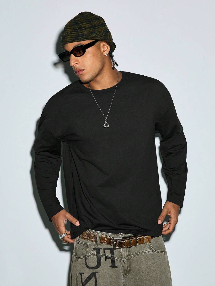 Modcrash Men's Lightweight Polyester Solid Color Casual Undershirt, Versatile Spring/Autumn Long Sleeve T-Shirt - Black - View 1