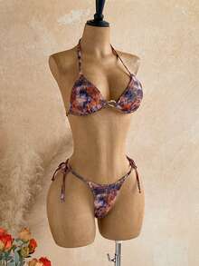 Soleia Women's 3 Pieces Sexy Tropical Bikini Swimwear With Printed Mesh Cover-Up Skirt, Bathing Suits Beach Party Vacation Brown And Turquoise Summer - Multicolor - View 9