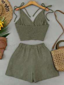 Franclia Summer Casual Solid Color V-Neck Tie Shoulder Top And Shorts Set - Army Green - View 2