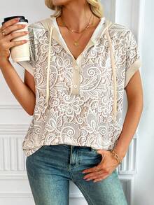 SHEIN LUNE Camiseta con capucha de verano casual para mujer con estampado de encaje falso - Albaricoque - Ver 8