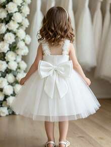 Glamorique Kids Girls Birthday Party Children's Dress Floral Spaghetti Strap Backless Mesh Princess Gown Flower Girl Puffy Tulle Skirt - White - View 6