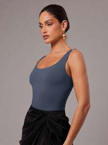 Silquee Basic Solid Color Backless Sleeveless Bodysuit - Navy Blue - View 3
