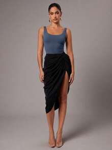 Silquee Basic Solid Color Backless Sleeveless Bodysuit - Navy Blue - View 5