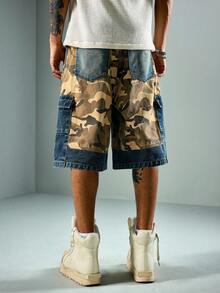 ROMWE MEN Casual Men's Patchwork Camouflage Pattern Wide Leg Loose Fit Denim Capri Pants - Multicolor - View 3