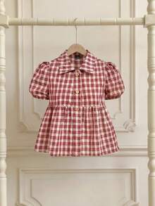 SHEIN MOD Plaid Petal Sleeve Button Front Doll Blouse Back-To-School Red And White Plaid Summer/Autumn Cottage Core French Cute Casual Preppy Work Party - Multicolor - View 3