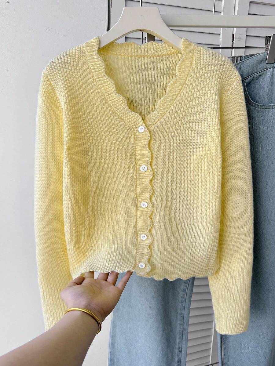 SHEIN 青少年女孩時尚休閒純色針織開襟衫 - 黃色 - 查看 1