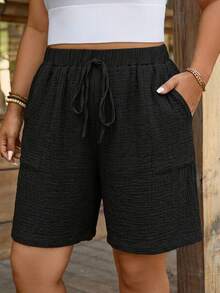 Comfylo Shorts de talla grande con textura, unicolor, cintura con cordón y bolsillos para vacaciones - Negro - Ver 5