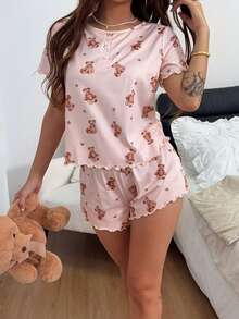 Napfluff Conjunto de pijama de manga corta con cuello redondo, botones delanteros y estampado de osos lindos - Multicolor - Ver 5
