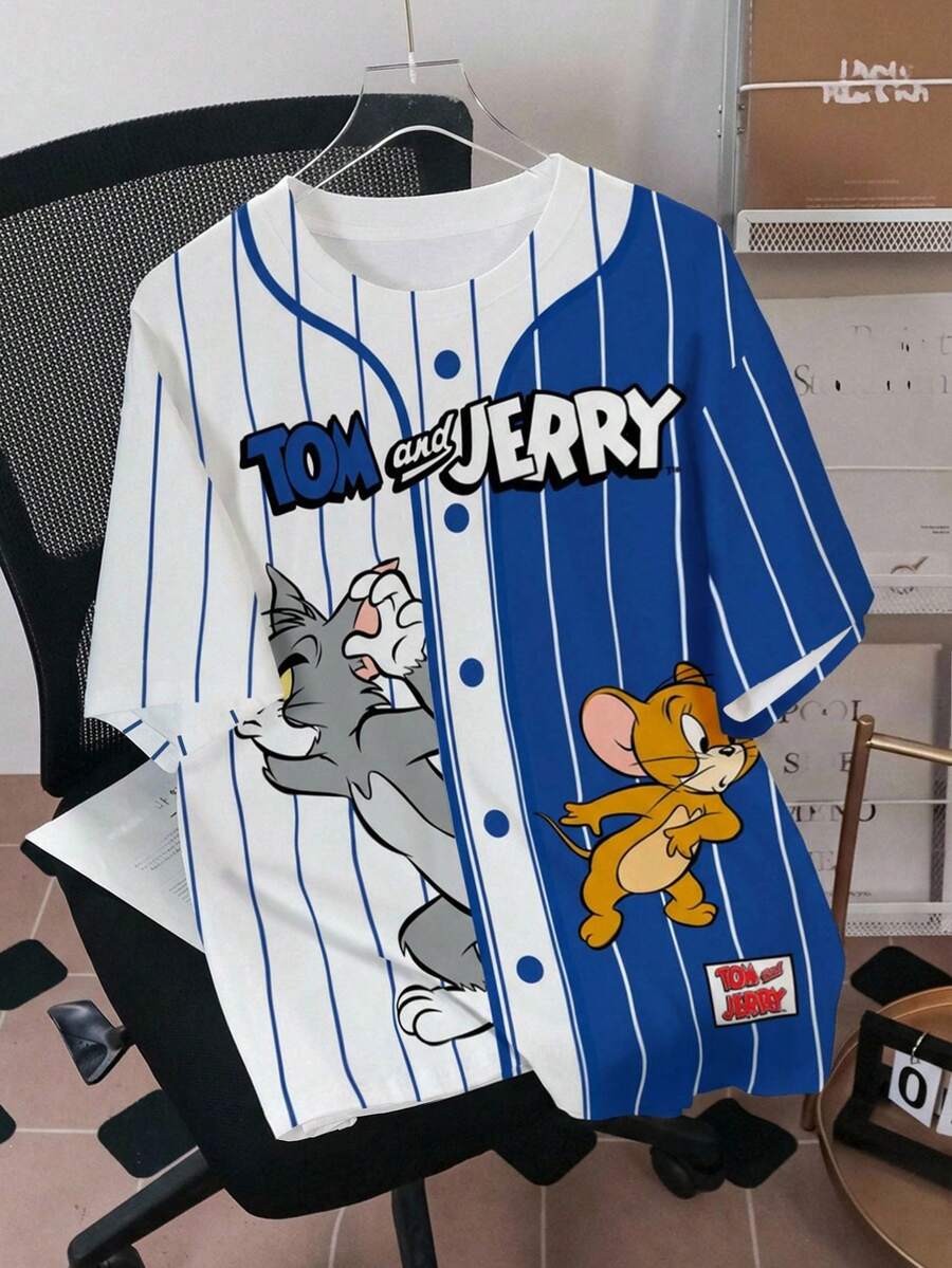TOM & JERRY X SHEIN 男士卡通印花宽松休闲短袖T恤 - 白色 - 查看 1