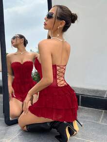 SHEIN ICON Lace Patchwork Halter Ruffle Backless Crisscross Strap Mini Dress - Red - View 2